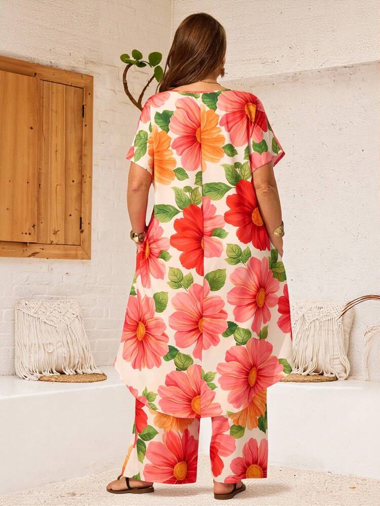 Plus Size Women 2 Pieces Set: Floral Print Shirt And Pants Summer Outfits Summer Dresses For Women Beach Outfits For Women Beach Outfits