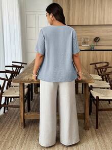 Weeklong Plus Size Women's Spring/Summer Vacation Floral Patchwork Ruffle Trim Loose Short Sleeve Top - Dusty Blue - View 2
