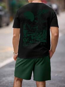 Manfinity Joysei Standard Size Men's Black Top And Green Bottom T-Shirt Set - Multicolor - View 4