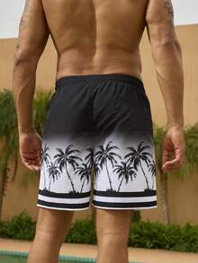 Manfinity Swimmode 加大码男士棕榈树印花抽绳腰带沙滩短裤 - 黑與白 - 查看 2