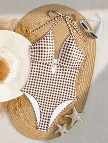 Swim Mod Traje de baño de una pieza con espalda hueca, tirantes finos y estampado de patrones azul y blanco para mujeres, verano y vacaciones en la playa 2026 - Marrón - Ver 3