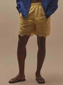 Musero Pantalones cortos con dobladillo de patrón de ganchillo y cintura elástica, esenciales de primavera/verano - Amarillo - Ver 3
