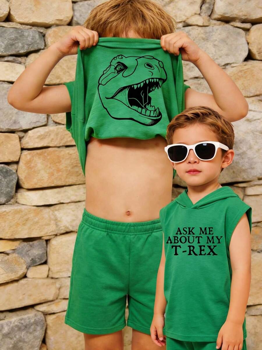 SHEIN Bộ 2 áo vest có mũ in hình khủng long màu xanh lá cây dành cho bé trai, kiểu dáng thường ngày thoải mái. - màu xanh lá - Xem 1