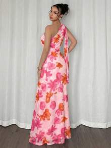 MSFirerie Vestido largo ajustado, elegante y romántico para mujer, con hombro asimétrico, adecuado para fiesta, vacaciones en la playa, vuelta al cole - Rosa - Ver 2