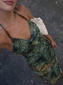 Firerie Women's Butterfly & Mesh Print Halter Lace Patchwork Super Long Slit Ruffle Hem Dress, Suitable For Spring/Summer Vacation - Green - View 1