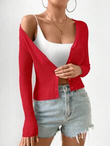 EMERY ROSE Women's Fitted Solid Color Round Neck Long Sleeve Button-Front Ribbed Knit Cardigan - Red - View 4