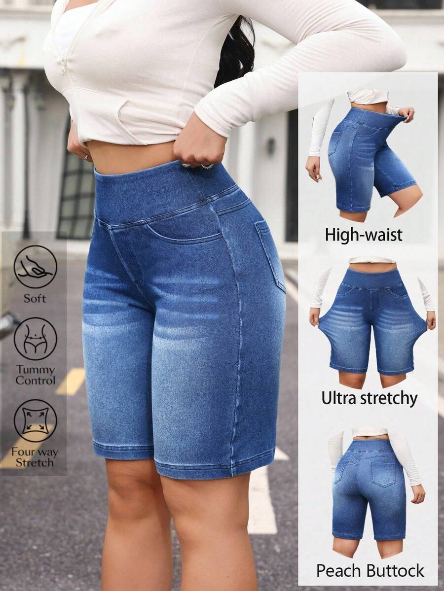Flexra Quần short denim cạp cao dáng rộng, thích hợp cho mùa hè. - Màu xanh lam - Xem 1