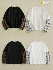 AKNOTIC Camiseta de manga larga de estilo casual de calle con efecto de dos piezas, adecuada para el transporte - Multicolor - Ver 3