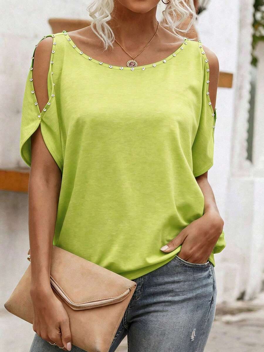 EMERY ROSE 女款純色露肩休閒性感百搭日常穿搭 T-shirt 高爾夫萊姆綠 夏季早午餐 - 橄欖綠 - 查看 1