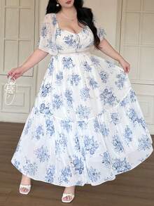 Vibekara Vestido largo de línea A con estampado floral azul y blanco, cuello de corazón, mangas con volantes, elegante y casual para vacaciones, estilo retro francés, tallas grandes para primavera, verano y otoño - Azul y blanco - Ver 3