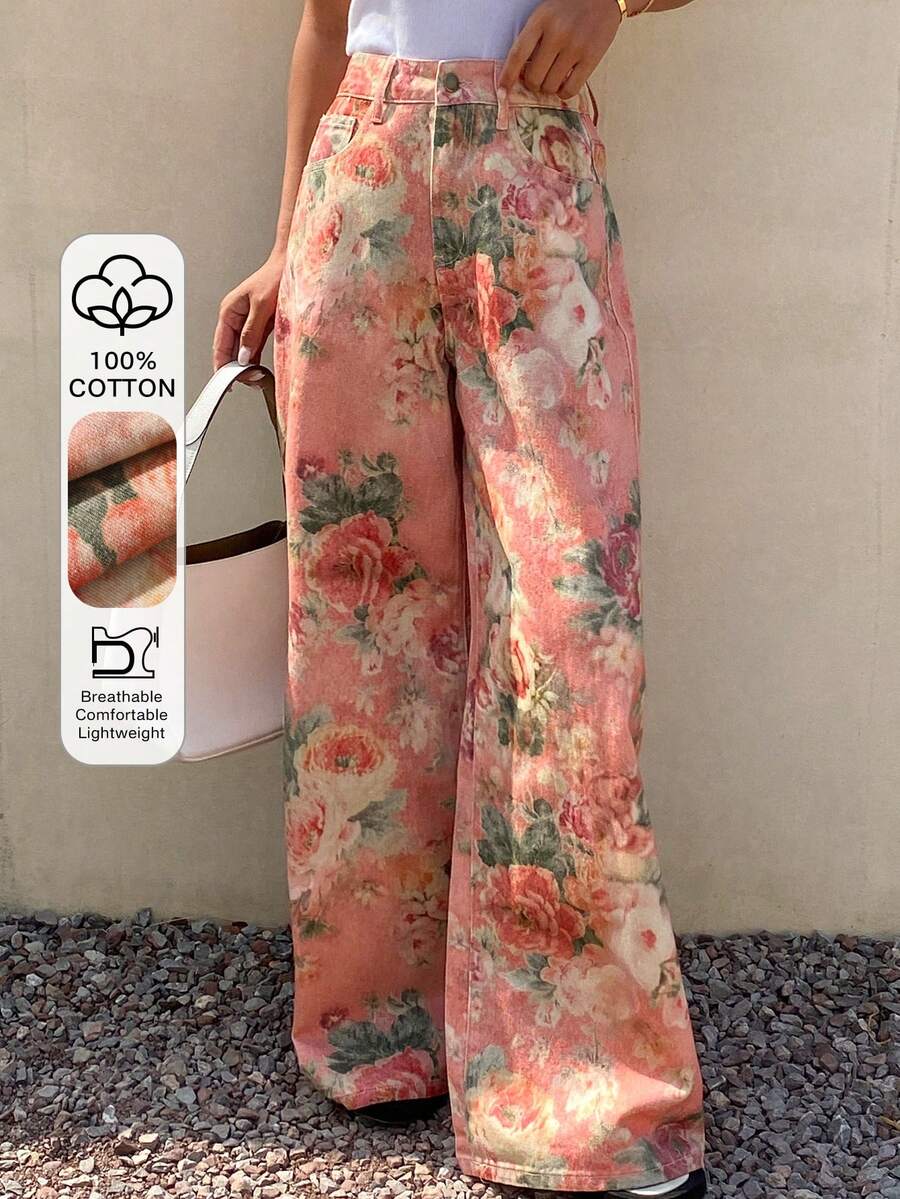 DAZY Women's Casual Floral Print Loose Wide-Leg Jeans - Pink - View 1