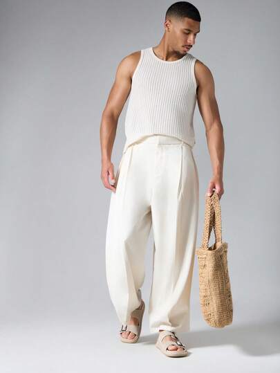 SUMWON Wide Leg Inverted Pleat Trouser With Elasticated Waist Summer Holiday Casual Tailored Pants