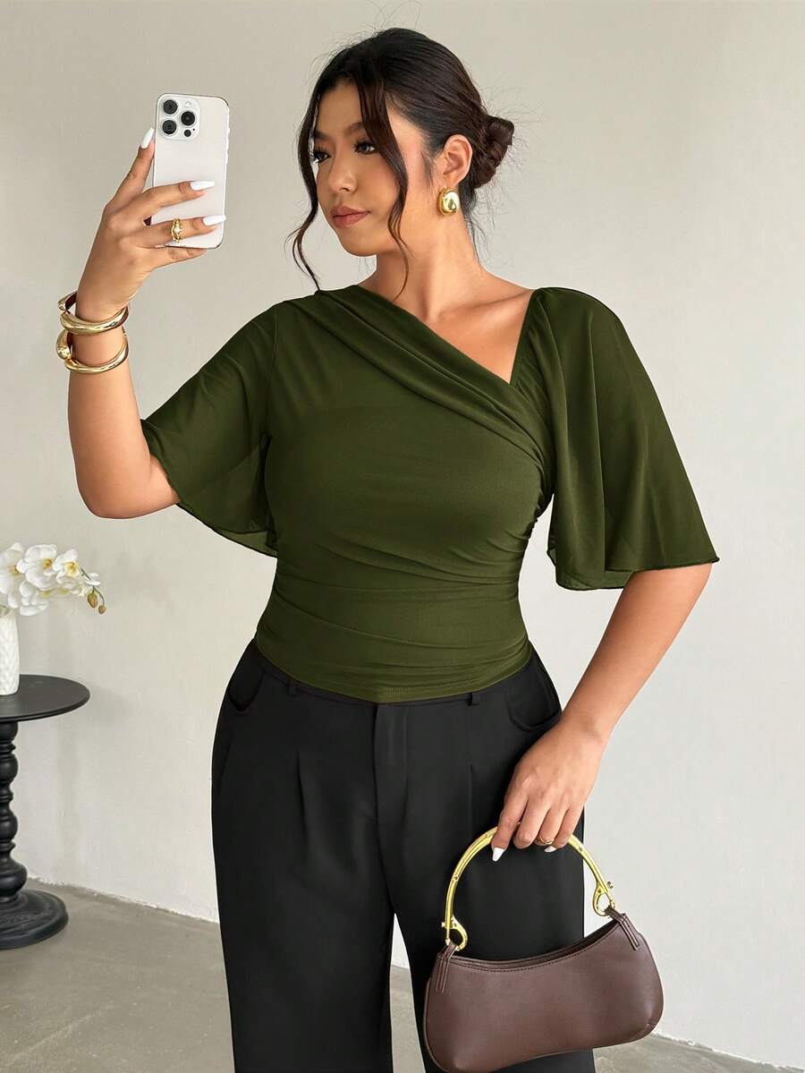 Firerie Plus Size Women Solid Color Pleated Fitted Casual Top - Green - View 1