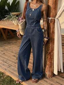 DAZY Women's Round Neck Sleeveless Jumpsuit, Casual Streetwear Washed Denim Jumpsuit Vacation Navy Blue Summer - Blue - View 2