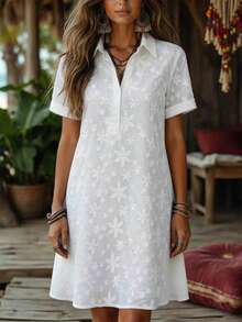Zayélia Women's Summer Vacation Jacquard Texture Short Sleeve Shirt Dress - White - View 1