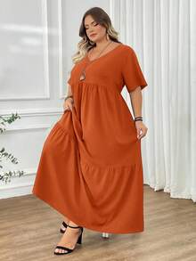 SHEIN CURVE+ 大码长款沙滩度假连衣裙 波西米亚风 夏季/乡村/沙滩度假装/沙滩装/沙滩服饰 - 鏽棕色 - 查看 7
