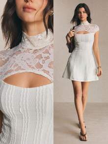 Poéselle Off-White Elegant Sexy Women's Contrast Lace Hollow Out Stand Collar Short Dress Summer Polka Dot Tea Party Holiday Vacation Casual Work Outfits - Apricot - View 4
