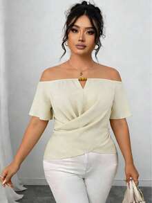 INAWLY Plus Size Women Solid Color Off-Shoulder Ruched Casual Versatile Daily Wear Top - Apricot - View 7