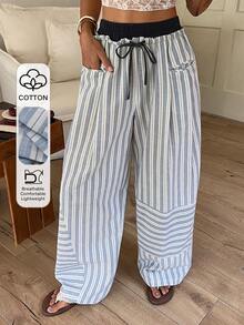 DAZY Contrast Striped Waistband 2 In 1 Drawstring Loose Wide Leg Pants, Casual Vacation Autumn Women Trousers Vacation Blue And White Striped - Blue - View 1
