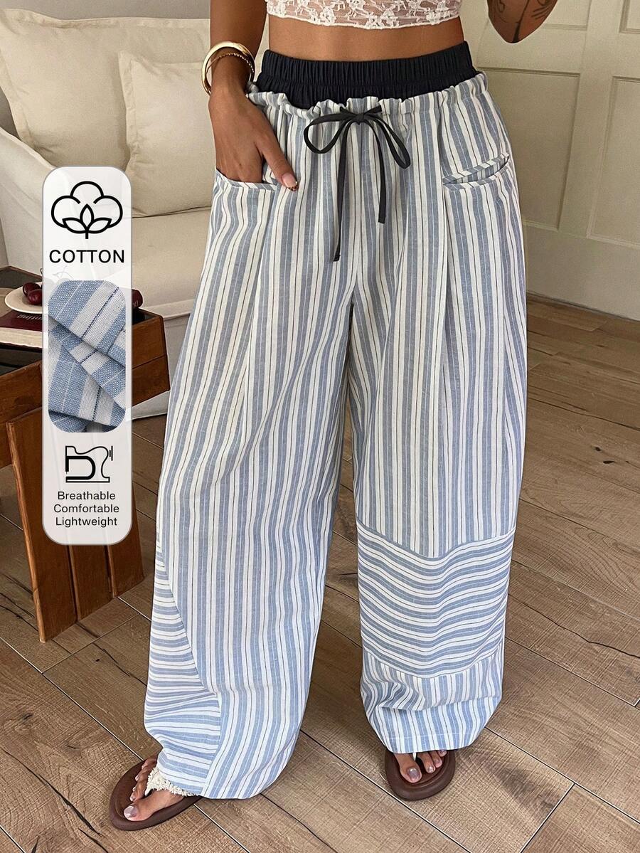 DAZY Contrast Striped Waistband 2 In 1 Drawstring Loose Wide Leg Pants, Casual Vacation Autumn Women Trousers Vacation Blue And White Striped - Blue - View 1