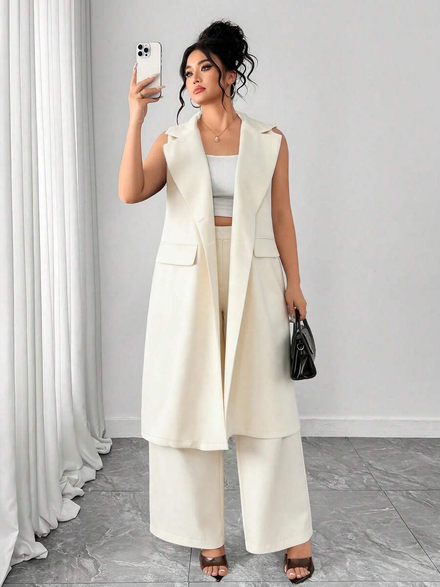 Elenzga Bộ vest dài không tay cổ ve lật màu đen trơn thanh lịch dành cho nữ cỡ lớn, gồm áo khoác vest và quần tây, phù hợp cho việc đi làm hàng ngày và tạo nhiều phong cách khác nhau. - Màu be - Xem 1
