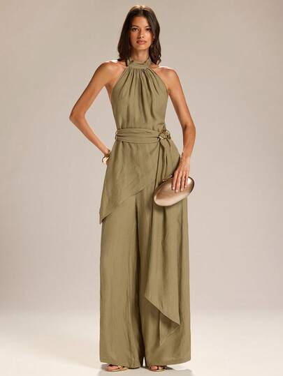 SHEIN BAE Women's Solid Color Halter Asymmetric Hem Top And Wide Leg Pants Casual 2 Pieces Set