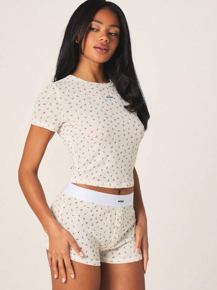 MISSGUIDED Ribbed Pointelle Floral Print Crop Top And High Waist Shorts Lounge Set Two Piece Coordinating Outfit Casual Comfort Wear
