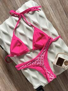 Swim Mod Spring/Summer Solid Color Triangle Wireless Halter Backless Top And Swim Shorts Women Sexy Bikini Set For Beach Vacation - Watermelon Pink - View 2
