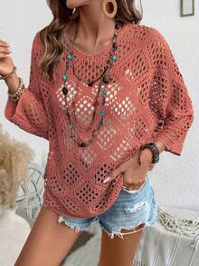 EMERY ROSE Women's Solid Color Hollow Casual Versatile Daily Wear Sweater - Watermelon Pink - View 1