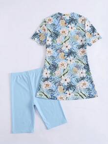 Swim Mulvari 2 Stücke/Set Frühling/Sommer Neue Tropische Pflanze & Blumen Muster Eng Geschnürte Burkinis Top und Shorts Strand Urlaub Casual Bademode für Frauen - Verschiedenfarbig - Übersicht 4