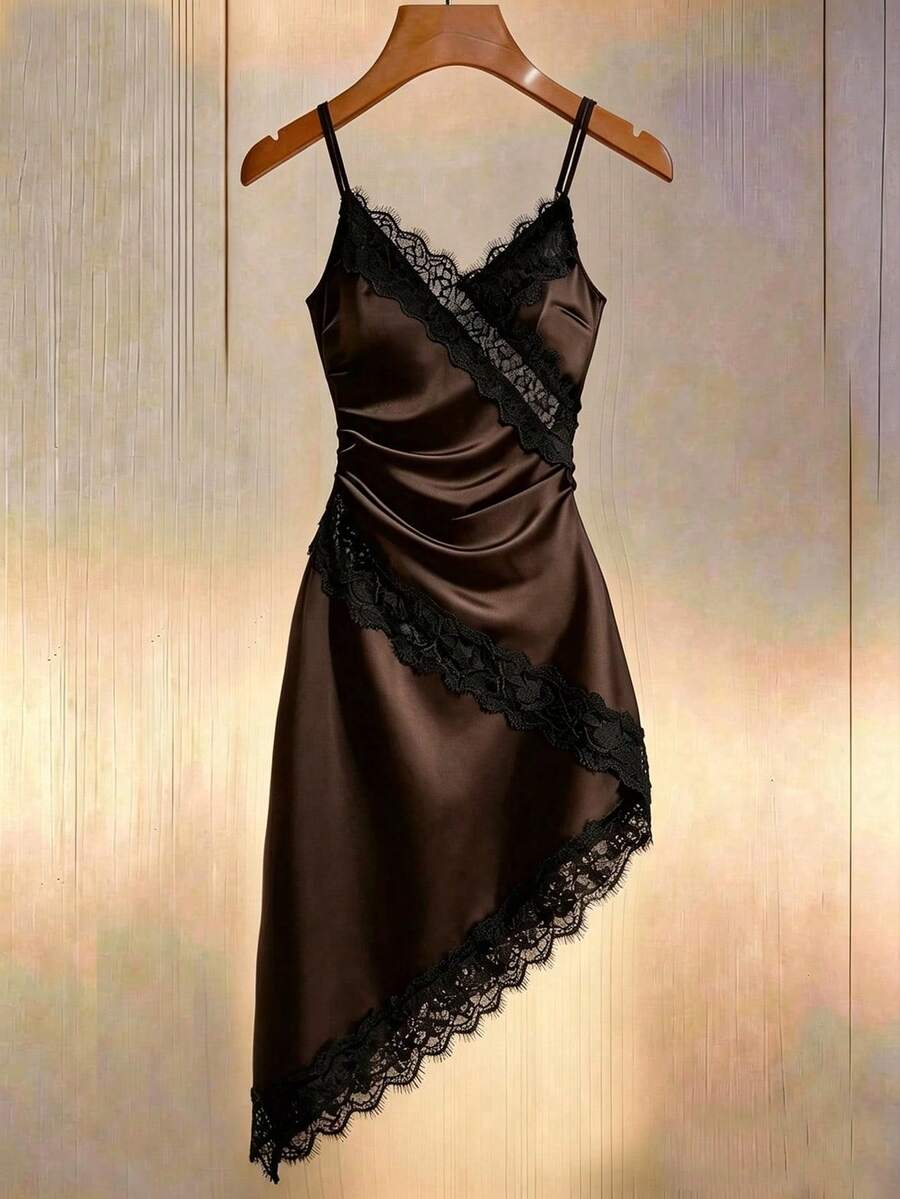 Franclia Women's Elegant Asymmetric Lace Satin Slip Dress, Spring/Summer 2026 - Brown - View 1