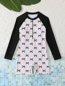 Tween Girl Bow Print Raglan Sleeve One-Piece Swimsuit With Shorts - White - View 6