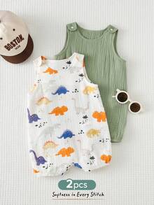 Cozy Pixies 2pcs Newborn Baby Boy Summer Cute Crepe Cartoon Dinosaur & Solid Color Romper Set - Green - View 9