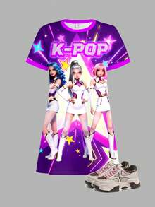 Young Girl K-Pop Superstars Cartoon Girl Group Print Short Sleeve Mid-Length Dress, Suitable For Summer Back To School - White - View 2