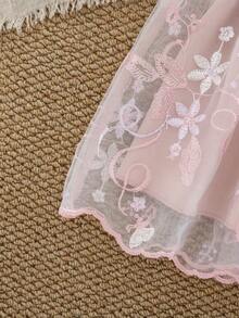 SHEIN 女婴可爱刺绣网纱花瓣袖圆领公主裙，夏季 - 粉色 - 查看 5