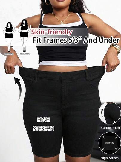 SHEIN PETITE CURVE Quần short jean bó sát màu xanh dương co giãn dành cho nữ cỡ lớn