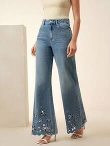 Anewsta Jeans azules con detalles elegantes de bordado y corte calado, con bolsillos, para mujer - Azul - Ver 6