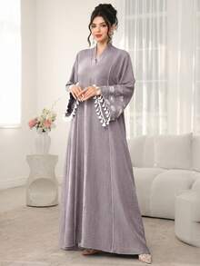 Al Najma Áo dài dáng rộng thoải mái thêu họa tiết tua rua ở tay áo, kiểu dáng truyền thống dành cho nữ. - Bụi tím - Xem 6