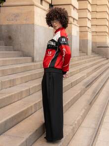 Xuxu's by Gio Letter Pattern Contrast Color Drop Shoulder Bomber Jacket For New Year Clothes Fall Winter Cloth For Women - Red - View 3