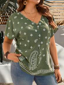 EMERY ROSE Blusa de manga corta con botones y estampado floral para mujer talla grande, estilo boho de verano para vacaciones y días festivos, estilo casual de campo y playa - Verde militar - Ver 6