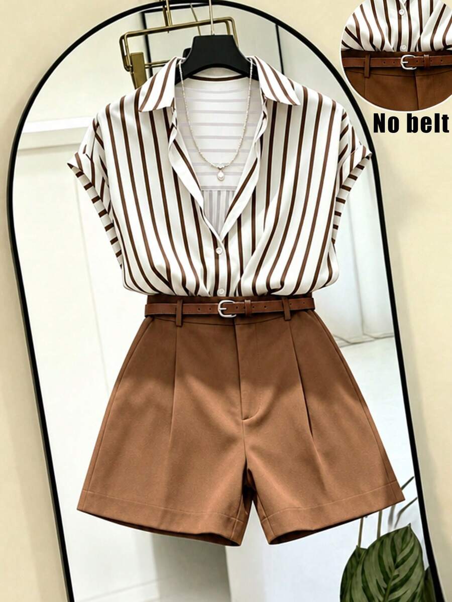 MYSTAURA Bộ áo sơ mi ngắn tay kẻ sọc cài cúc và quần đùi màu nâu. - Màu Khaki - Xem 1