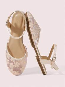 CUCCOO DOLLMOD Women's Shoes, Pink Fashion Round Toe Flower Embroidery Word With Mary Jane Cute And Sweet, Closed Toe Side Empty Flat Sandals - Pear Blossom - Pink - View 2