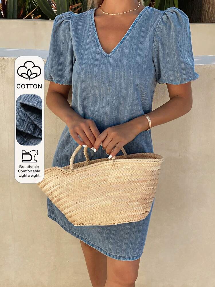 Women's V-Neck Textured Fabric Petal Sleeve Short Casual Denim Dress Sun Dresses For Women