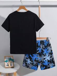 SHEIN 两件套男童黑色短袖T恤和印花沙滩短裤，假日风格 - 彩色 - 查看 5