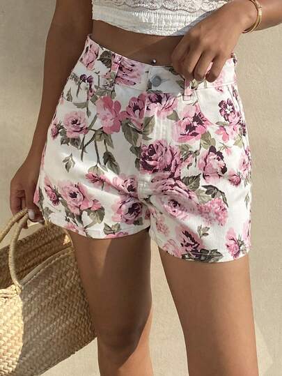 Livesso Women's Casual Floral Print Denim Shorts