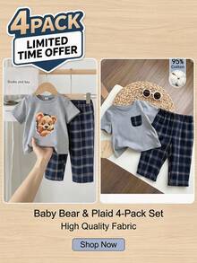 SHEIN Bộ đồ ngủ 2 mảnh kẻ caro cho bé trai Dozemod Kids gồm áo thun có túi và quần short kẻ caro, đồ ngủ thoải mái thường ngày. - Xanh và trắng - Xem 3
