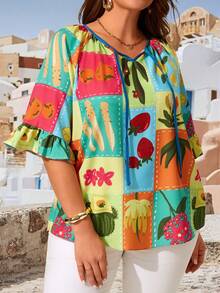EMERY ROSE Plus Size Women's Summer Beach Vacation Style Patchwork Print Tie Neck Ruffle Sleeve Loose Blouse - Multicolor - View 1
