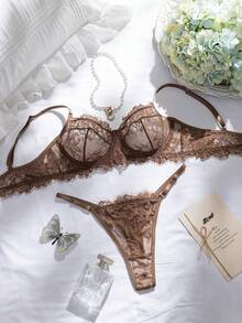 Divavoom 2 pezzi/Set Lingerie in pizzo rosso rosa, matura e sensuale - Caffè Marrone - Visualizzare 4