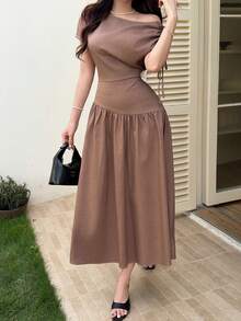 Feyla Women's Solid Color Ruched Asymmetric Waist Elegant Elegant Midi Dress For Party Garden Party Coffee Brown Summer - Coffee Brown - View 5