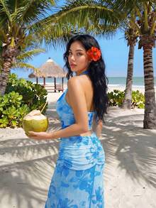 Sweetina 度假性感花卉印花不对称金属装饰女士背心 - 藍色 - 查看 2